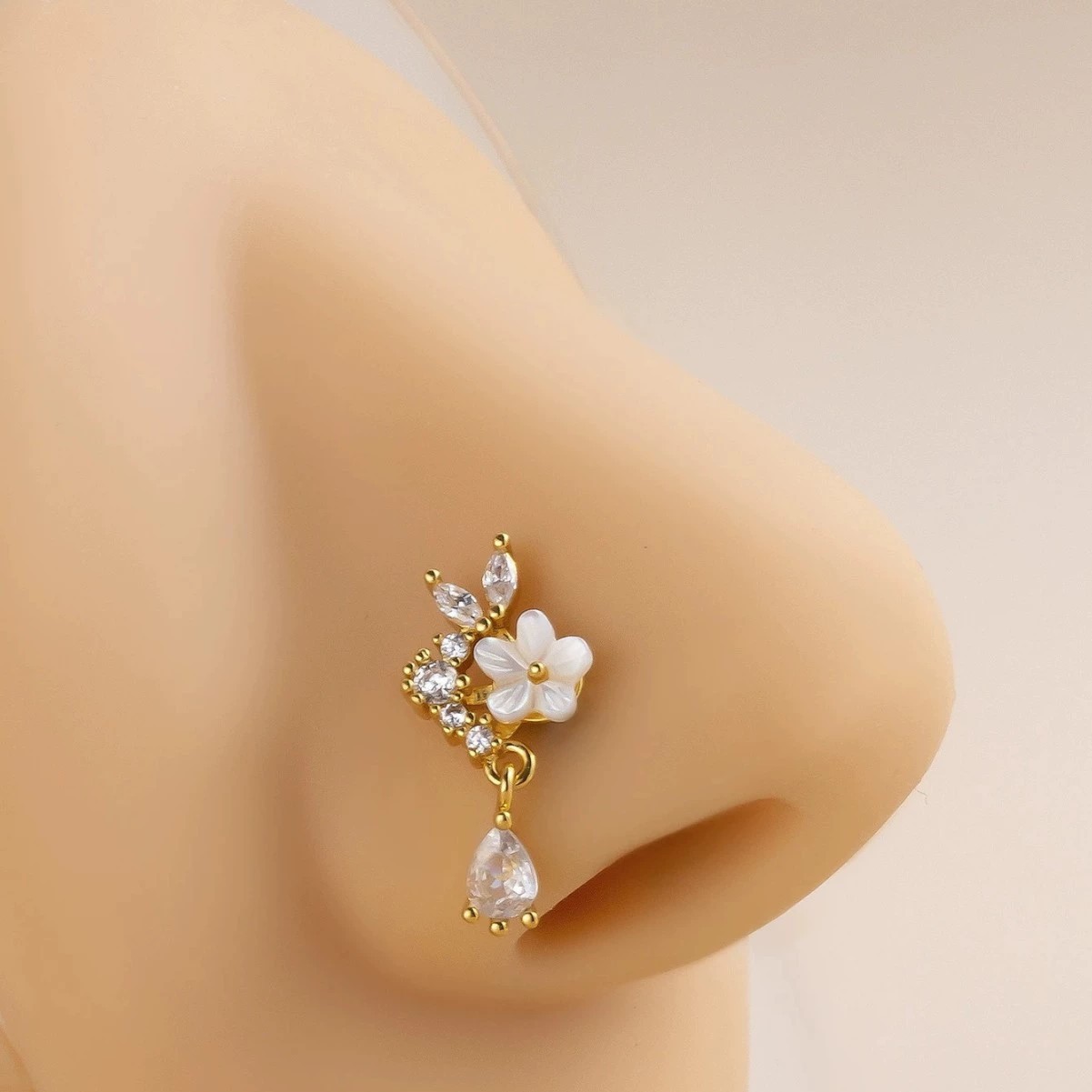 골드 플라워 노즈 링, 댕글 CZ 크리스탈 눈물방울 노 - Body Jewelry Surgical Steel 리뷰 및 가격