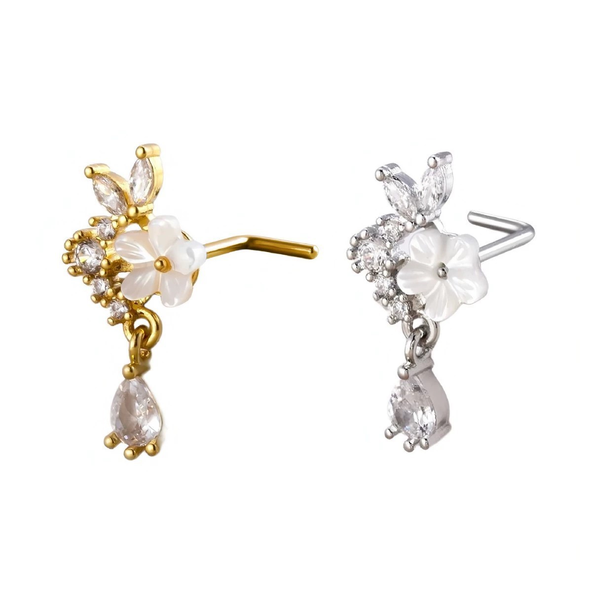 골드 플라워 노즈 링, 댕글 CZ 크리스탈 눈물방울 노 - Body Jewelry Surgical Steel 리뷰 및 가격
